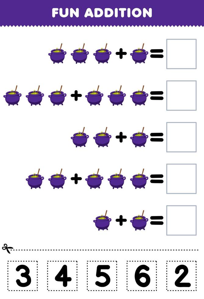 Lernspiel für Kinder Spaßzusatz durch Ausschneiden und Abgleichen der richtigen Zahl für das druckbare Arbeitsblatt für Halloween mit niedlichem Cartoon-lila Kessel vektor