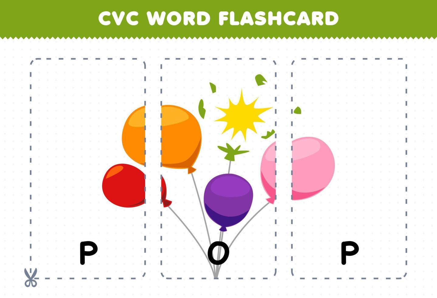 Lernspiel für Kinder, die Konsonant-Vokal-Konsonant-Wort mit niedlicher Cartoon-Pop-Ballon-Illustration zum Ausdrucken lernen vektor