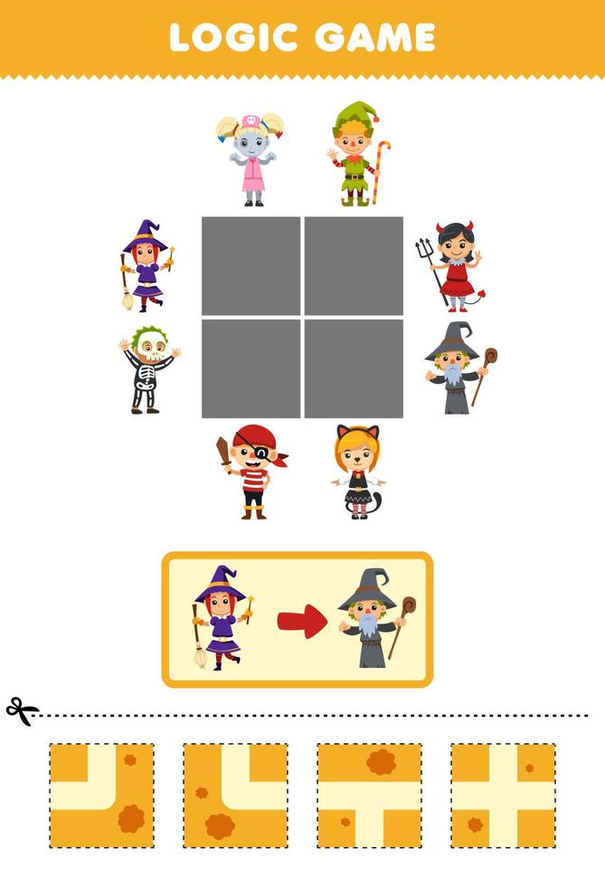 utbildning spel för barn logik pussel bygga de väg för häxa flytta till trollkarl kostym halloween tryckbar kalkylblad vektor
