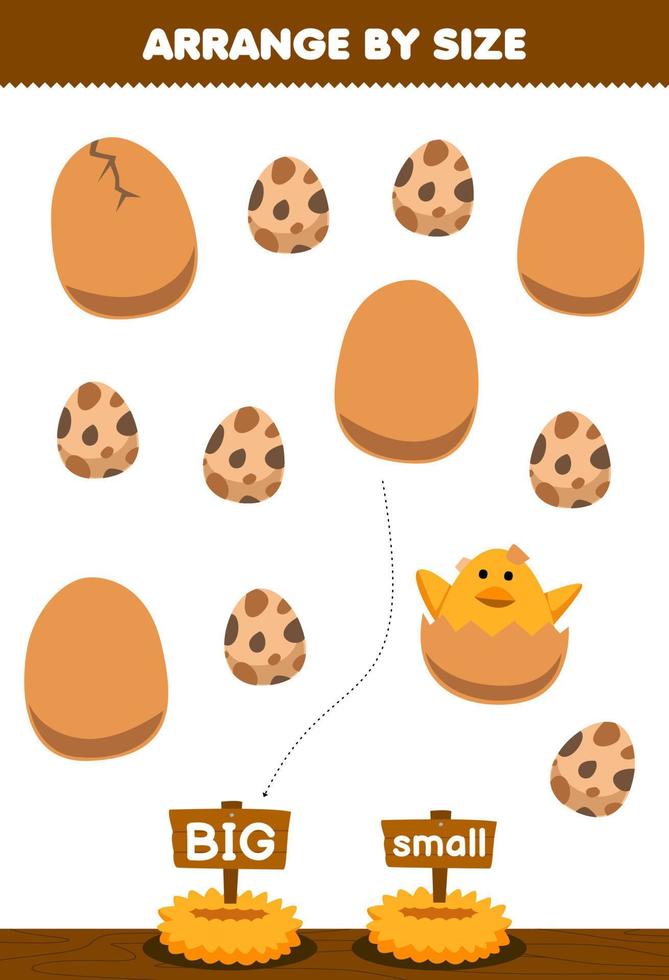 Lernspiel für Kinder Sortieren nach Größe groß oder klein Legen Sie es in das Nest des niedlichen Cartoon-Eies druckbares Farm-Arbeitsblatt vektor