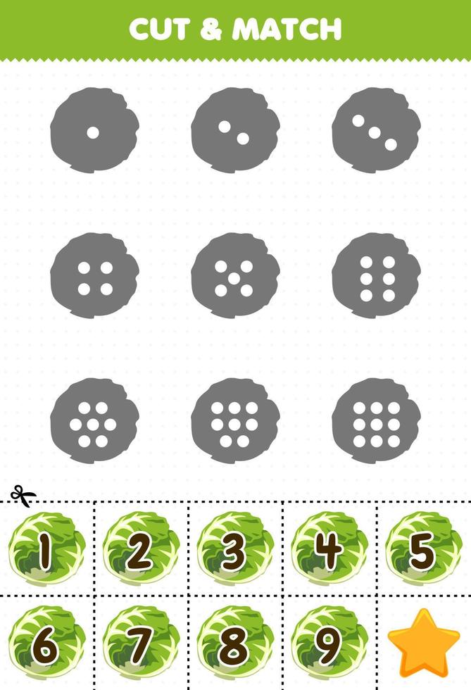 pedagogisk spel för barn räkna de prickar på varje silhuett och match dem med de korrekt numrerad kål grönsaker tryckbar kalkylblad vektor