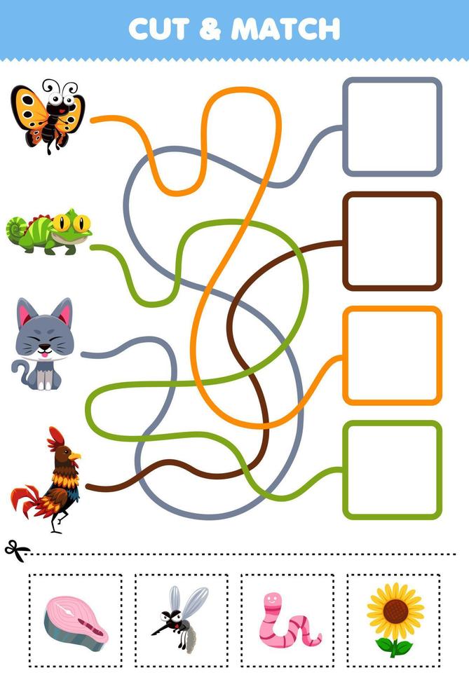 Lernspiel für Kinder Schneide und kombiniere das richtige Essen für das Arbeitsblatt zum Ausdrucken des niedlichen Cartoon-Schmetterlings Leguan Katze Huhn vektor