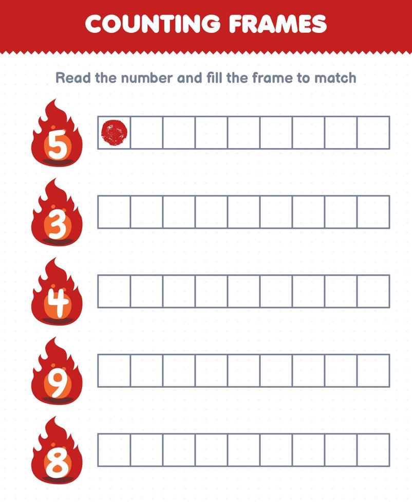 pedagogisk spel för barn läsa de siffra och fylla de ramar av söt tecknad serie röd brand halloween tryckbar kalkylblad vektor