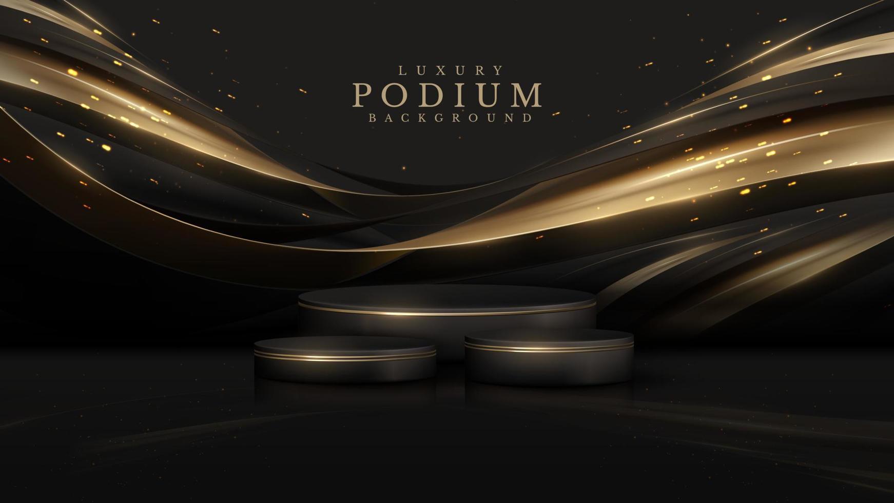 svart lyx bakgrund. produkt visa podium med gyllene kurva linje dekoration och glitter ljus effekt element och stjärna. vektor