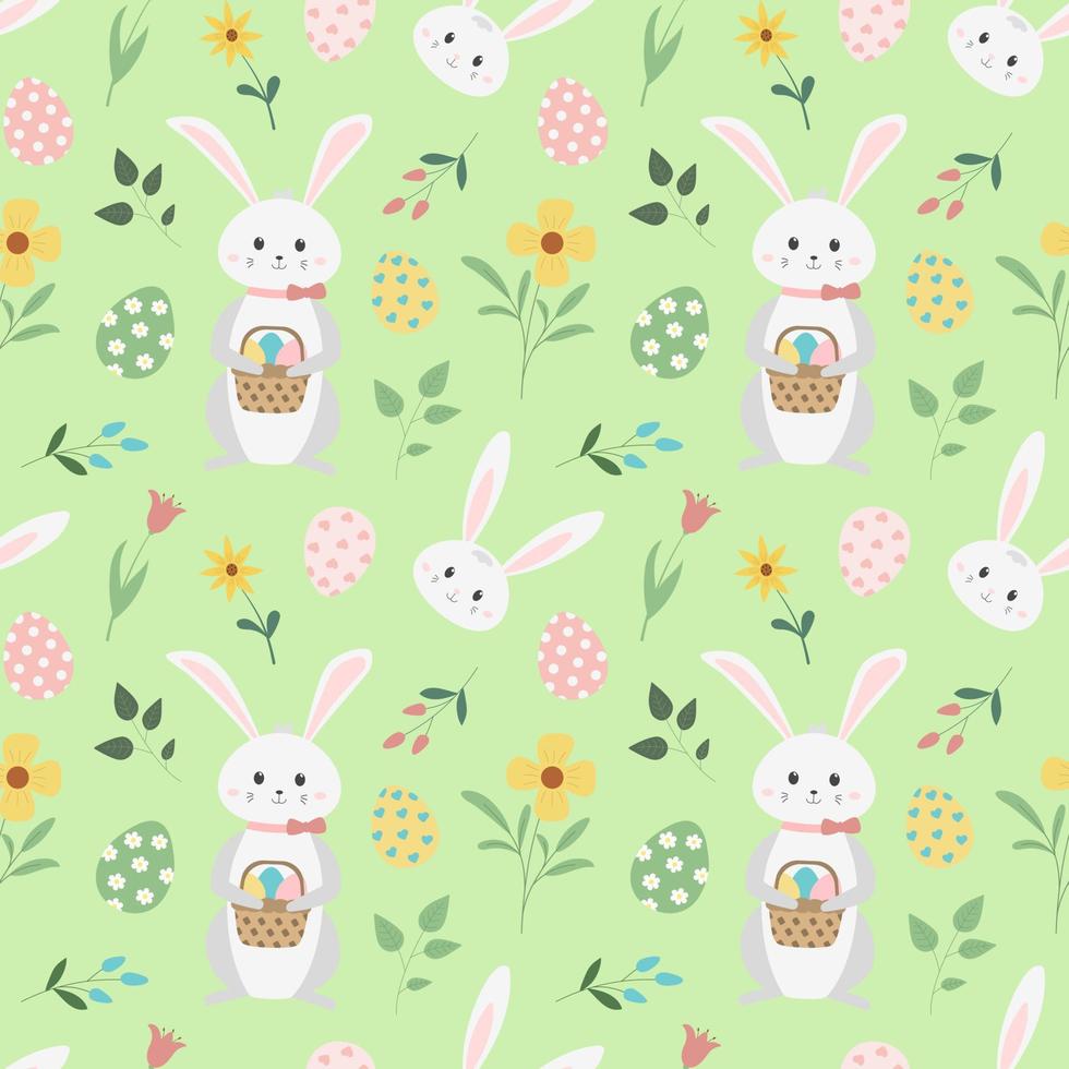 festlig vår påsk sömlös mönster på pastell grön bakgrund. ändlös textur med kaniner, ägg och blommor. för design, hälsning kort, omslag, tyger. vektor