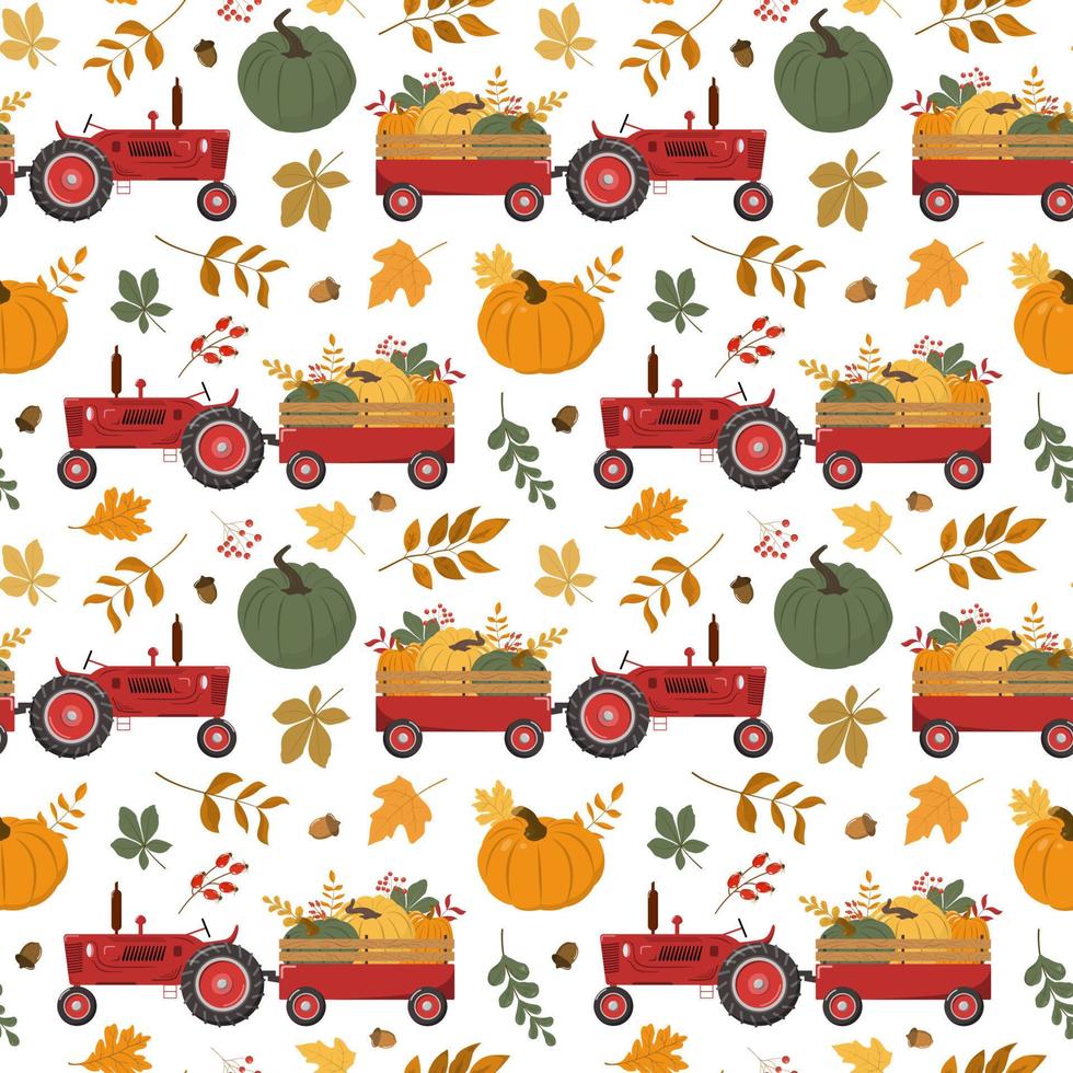 tecknad serie falla röd skörda traktor med en spår, färgrik pumpor, och torr skog löv. skörda, tacksägelse dag tema design. isolerat på vit bakgrund. vektor