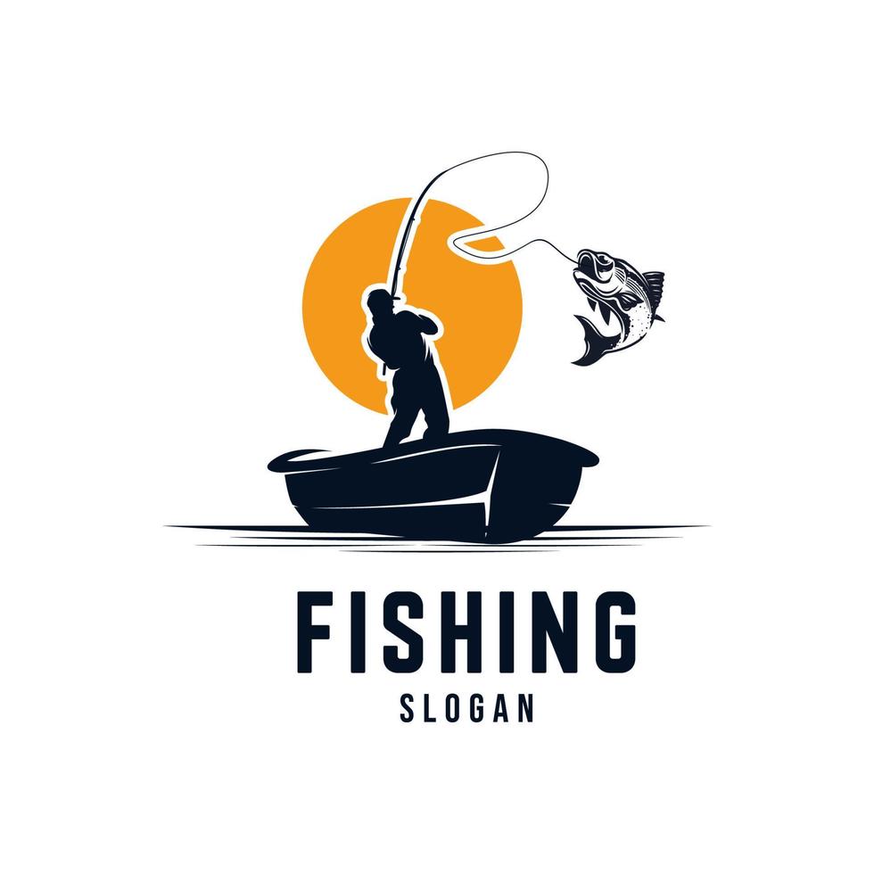 fiskare fiske silhuett logotyp illustration på solnedgång logotyp design mall vektor