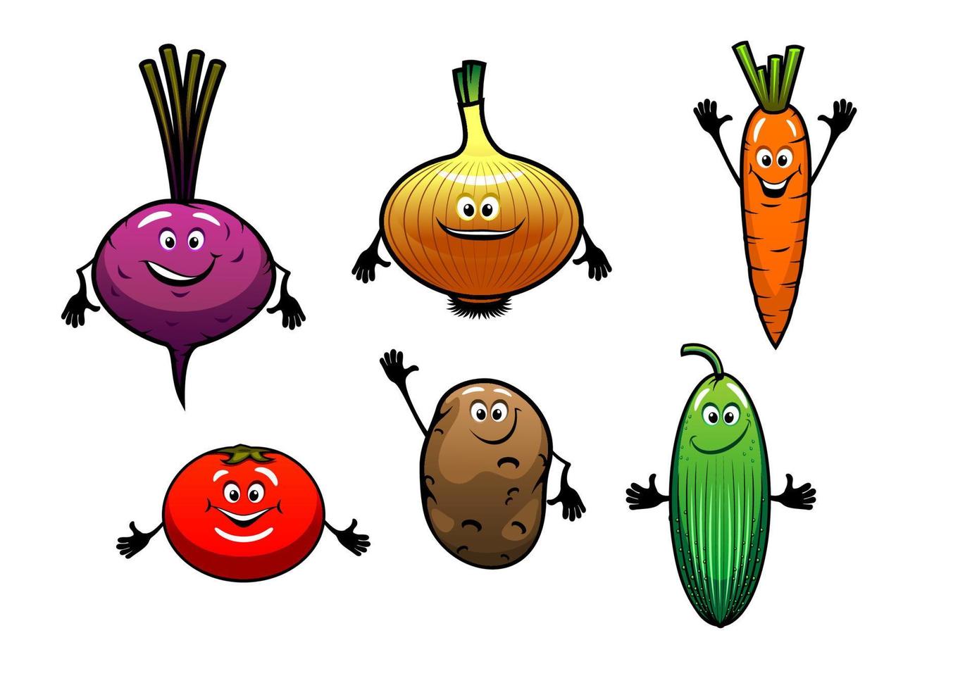 Rüben, Zwiebeln, Karotten, Tomaten, Kartoffeln und Gurken vektor