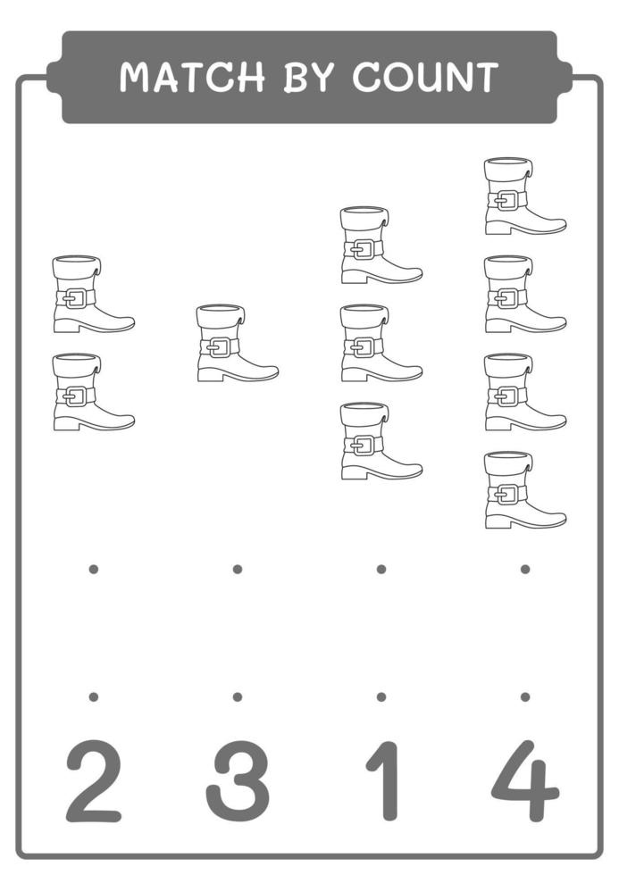 Übereinstimmung durch Zählung des Koboldstiefels, Spiel für Kinder. Vektorillustration, druckbares Arbeitsblatt vektor