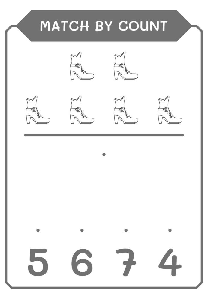 Übereinstimmung durch Zählung des Koboldstiefels, Spiel für Kinder. Vektorillustration, druckbares Arbeitsblatt vektor