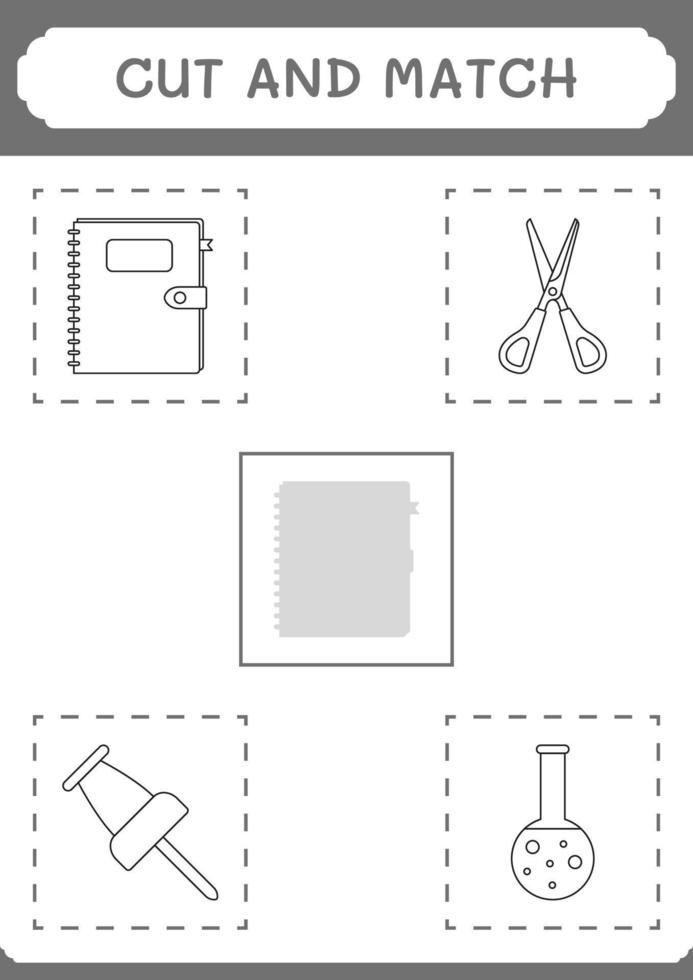 teile des notizbuchs ausschneiden und zusammenpassen, spiel für kinder. Vektorillustration, druckbares Arbeitsblatt vektor