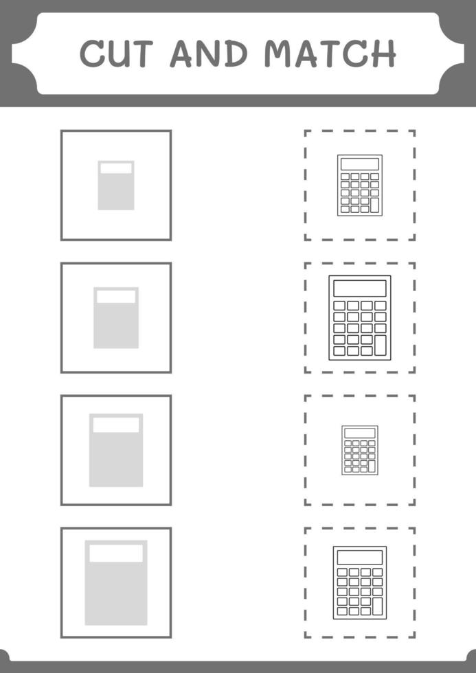 Teile des Taschenrechners ausschneiden und anpassen, Spiel für Kinder. Vektorillustration, druckbares Arbeitsblatt vektor