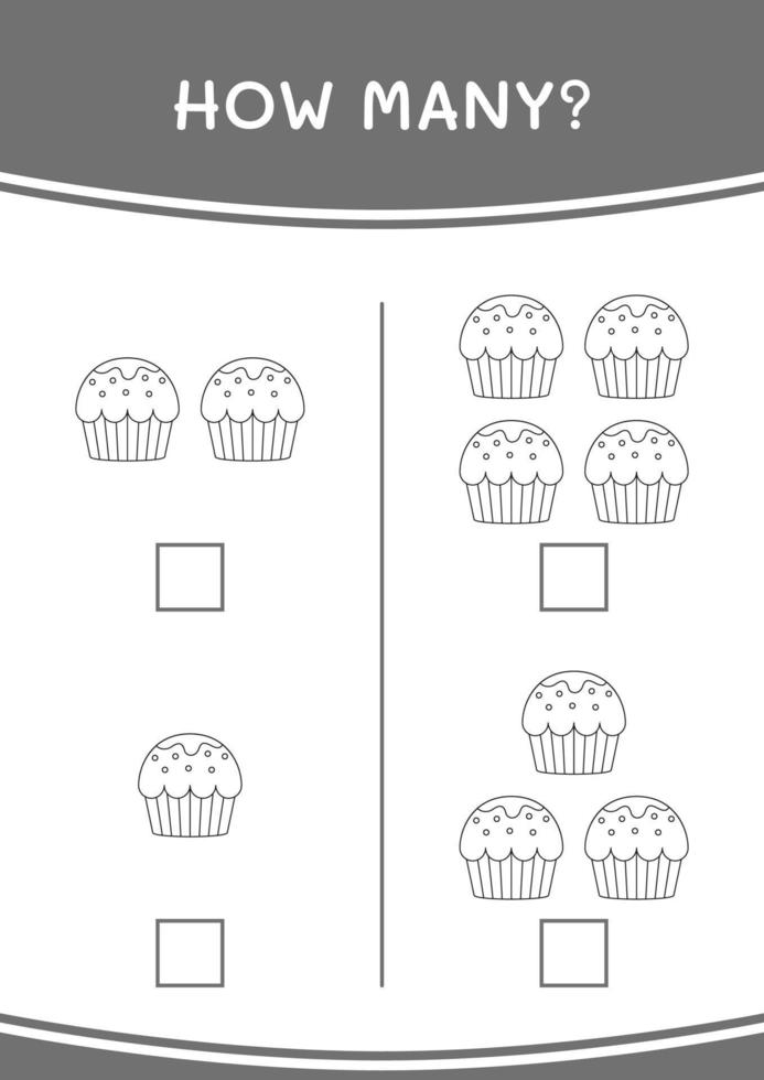 Wie viele Cupcakes, Spiel für Kinder. Vektorillustration, druckbares Arbeitsblatt vektor