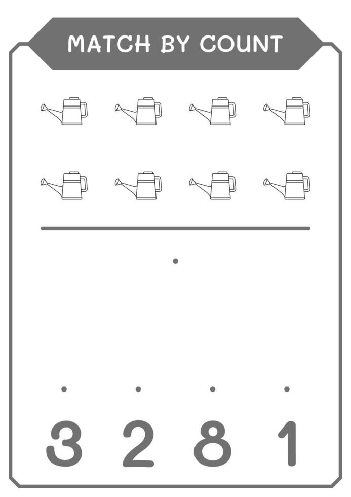 Match durch Zählen der Gießkanne, Spiel für Kinder. Vektorillustration, druckbares Arbeitsblatt vektor