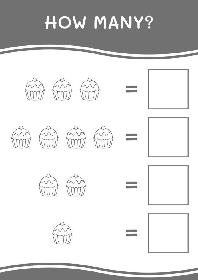 Wie viele Cupcakes, Spiel für Kinder. Vektorillustration, druckbares Arbeitsblatt vektor