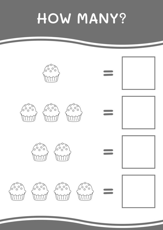 Wie viele Cupcakes, Spiel für Kinder. Vektorillustration, druckbares Arbeitsblatt vektor