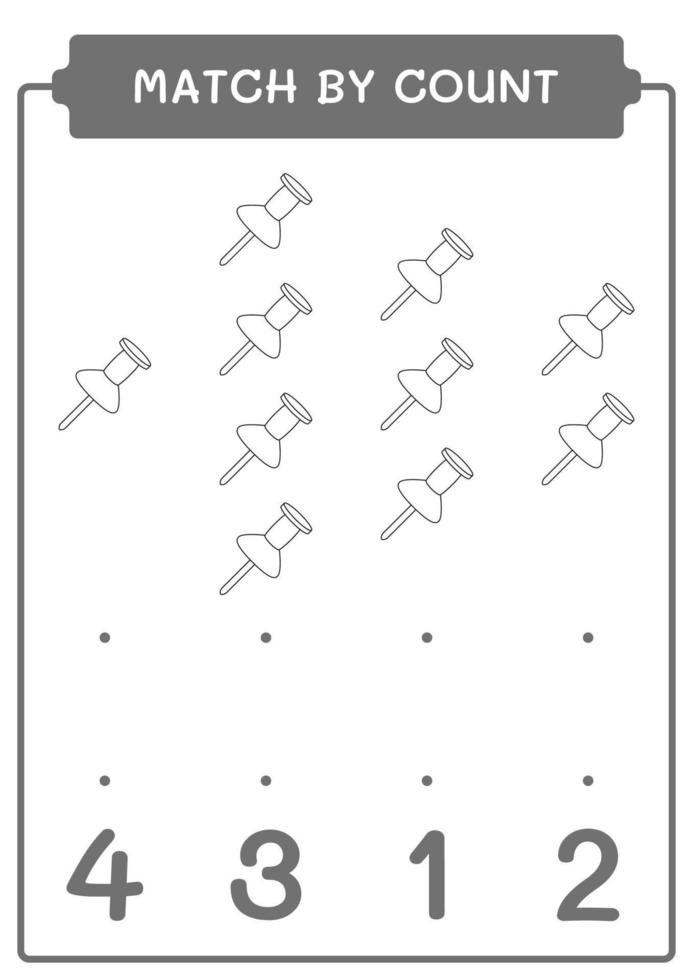 Übereinstimmung durch Anzahl der Stecknadeln, Spiel für Kinder. Vektorillustration, druckbares Arbeitsblatt vektor