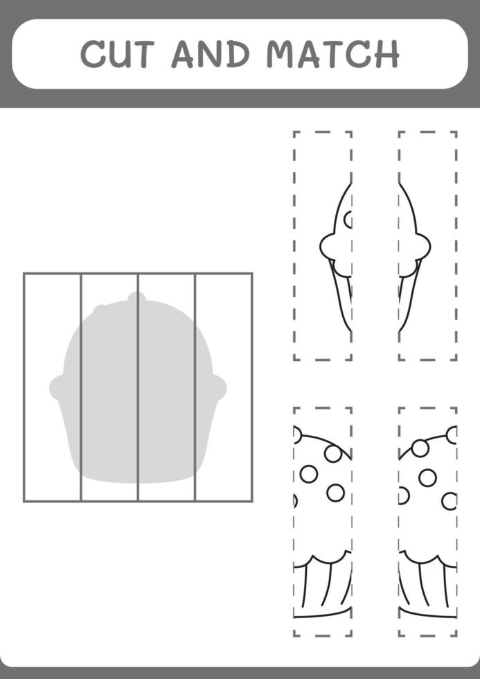 schneiden und passen teile von cupcake, spiel für kinder. Vektorillustration, druckbares Arbeitsblatt vektor