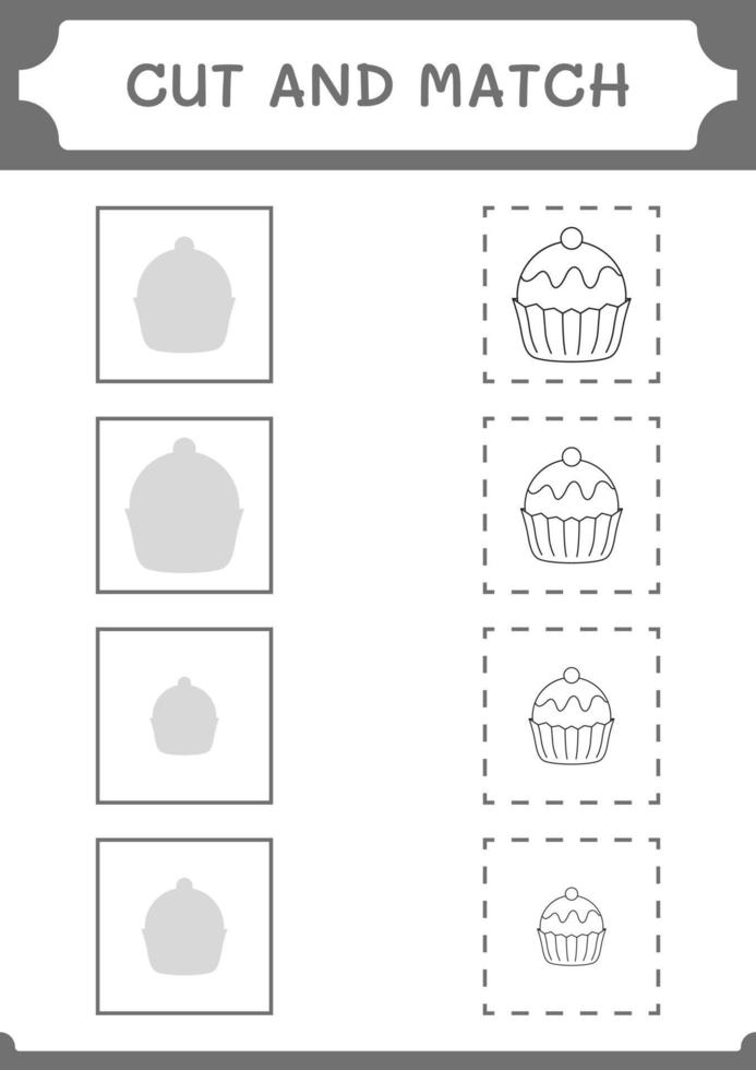 schneiden und passen teile von cupcake, spiel für kinder. Vektorillustration, druckbares Arbeitsblatt vektor