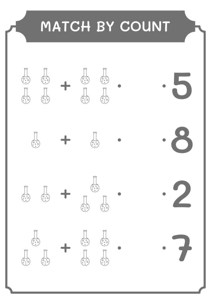 Übereinstimmung durch Zählung des Chemiekolbens, Spiel für Kinder. Vektorillustration, druckbares Arbeitsblatt vektor