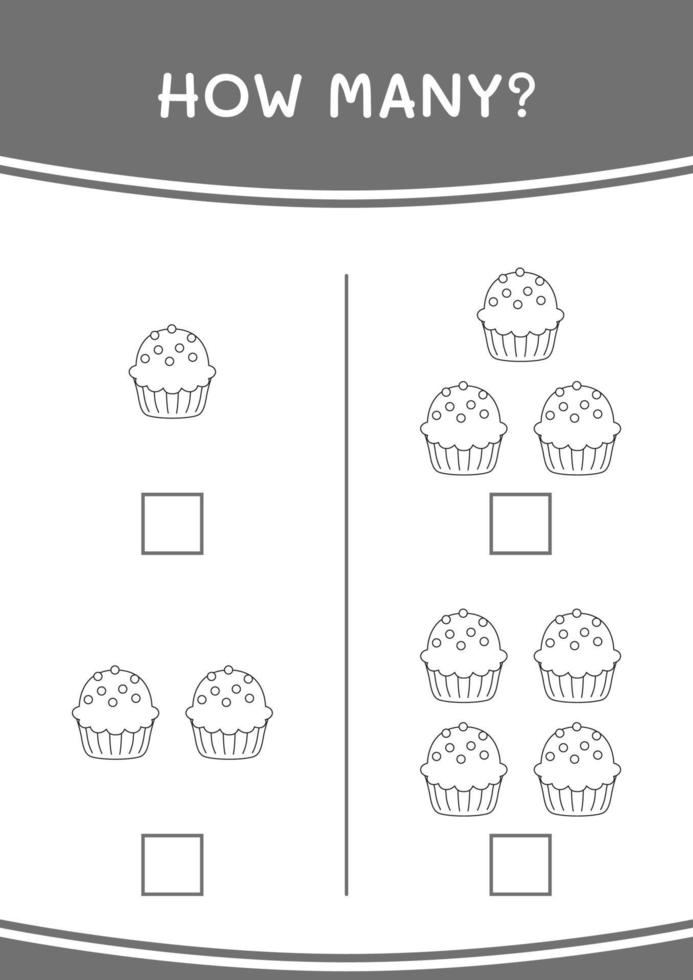 Wie viele Cupcakes, Spiel für Kinder. Vektorillustration, druckbares Arbeitsblatt vektor