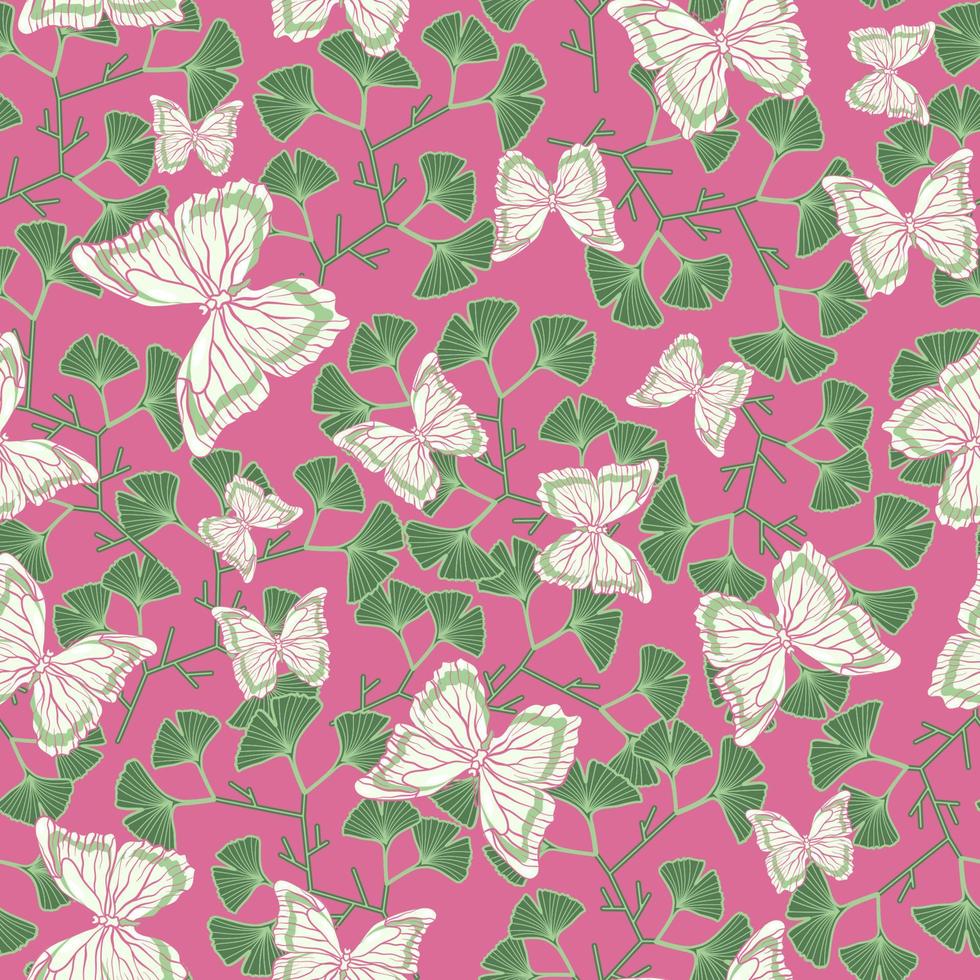 sömlös botanisk mönster med fjärilar och gingko biloba löv på en rosa bakgrund vektor