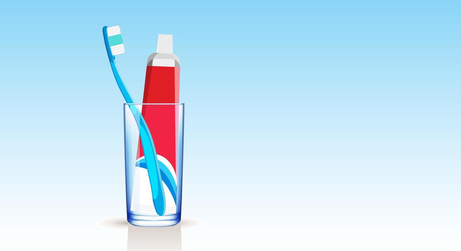 uppsättning av en blå tandborste och tandkräm i en medicinsk rör i en glas bägare på en blå lutning bakgrund. kopia Plats. vektor