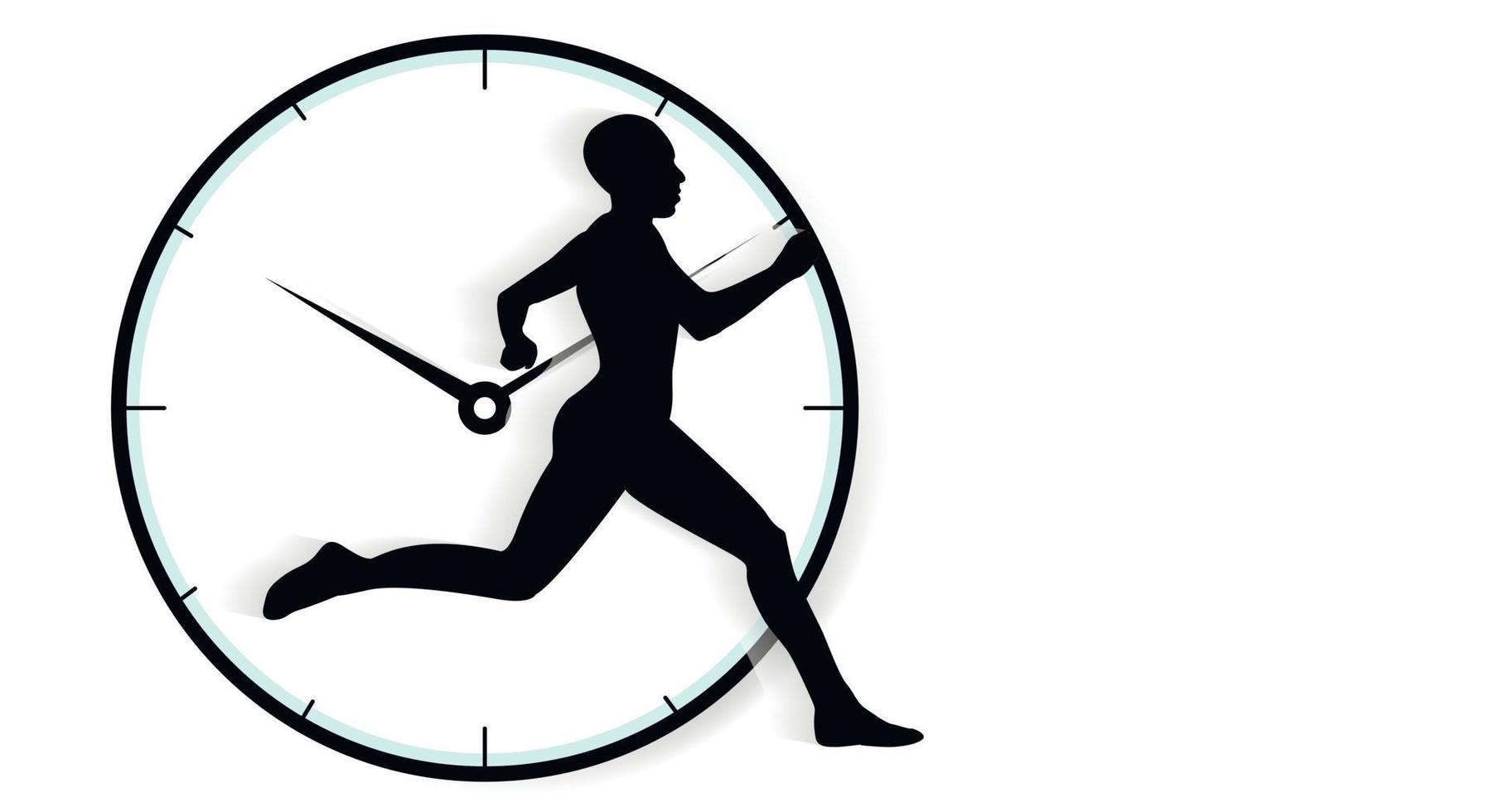 Gehen Sie Ihrer Zeit voraus, Sportkonzept, schwarze Silhouette eines laufenden Mannes auf dem Hintergrund einer Uhr mit Zifferblatt und Pfeilen auf weißem Hintergrund. Platz kopieren. Vektor-Illustration vektor