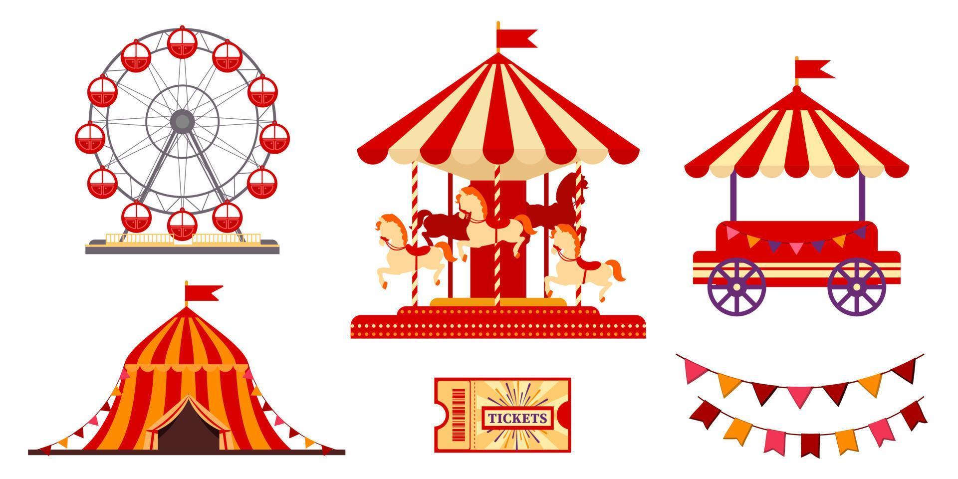samling av isolerat cirkus objekt lekplats karusell ferris hjul vektor