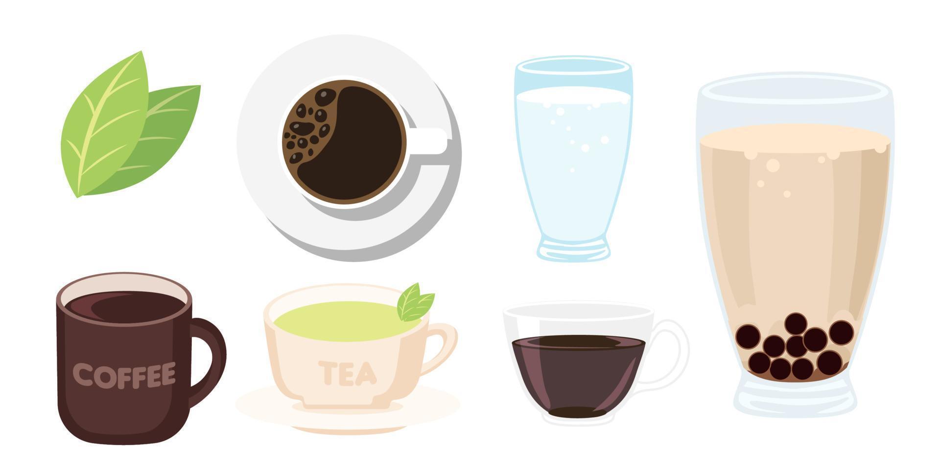 Sammlungssatz Getränkeobjekt Kaffeetasse Wasserglas Bubble Tea vektor