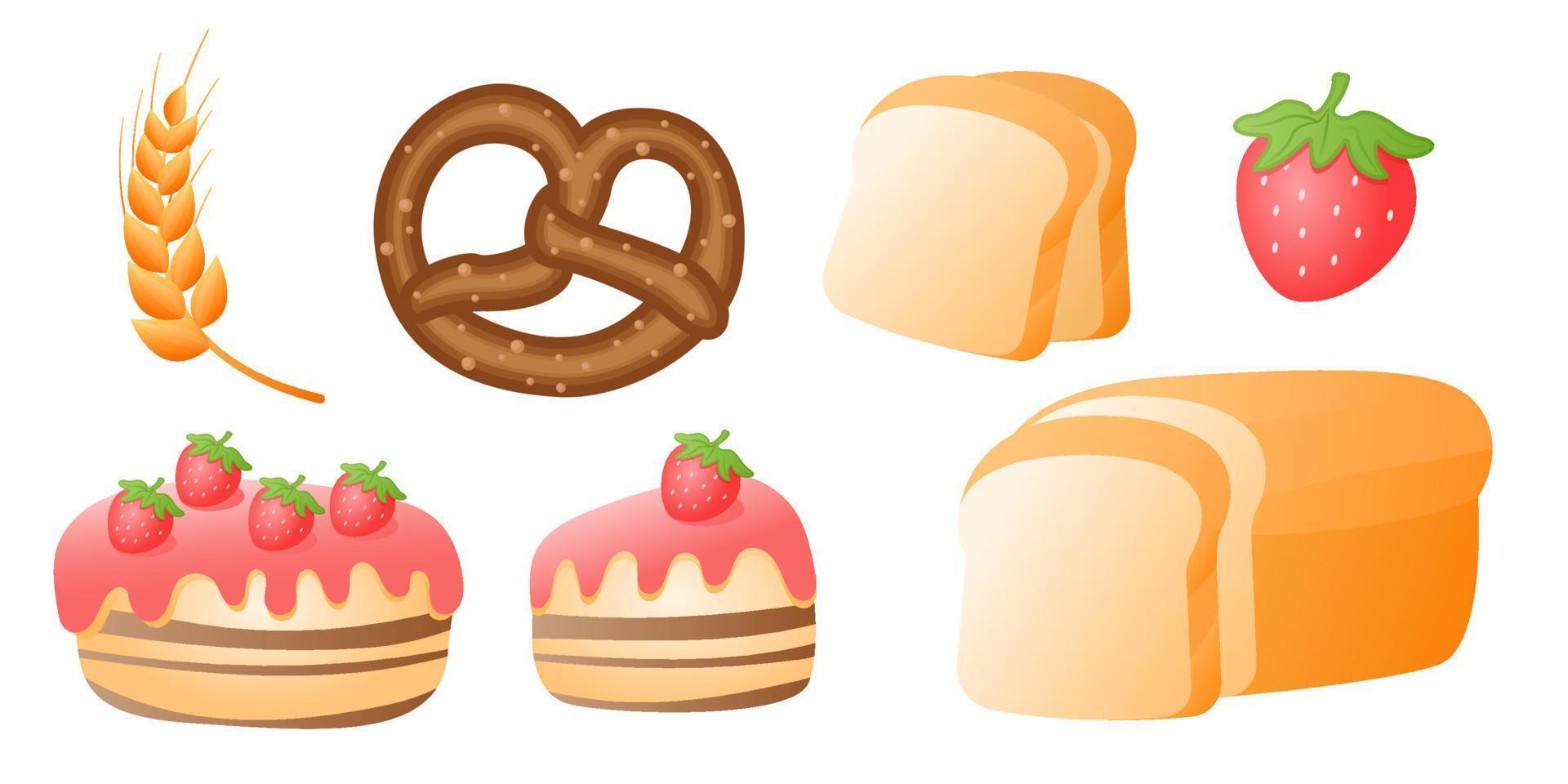 samling uppsättning av vete bröd objekt rostat bröd jordgubb kaka pretzel vektor