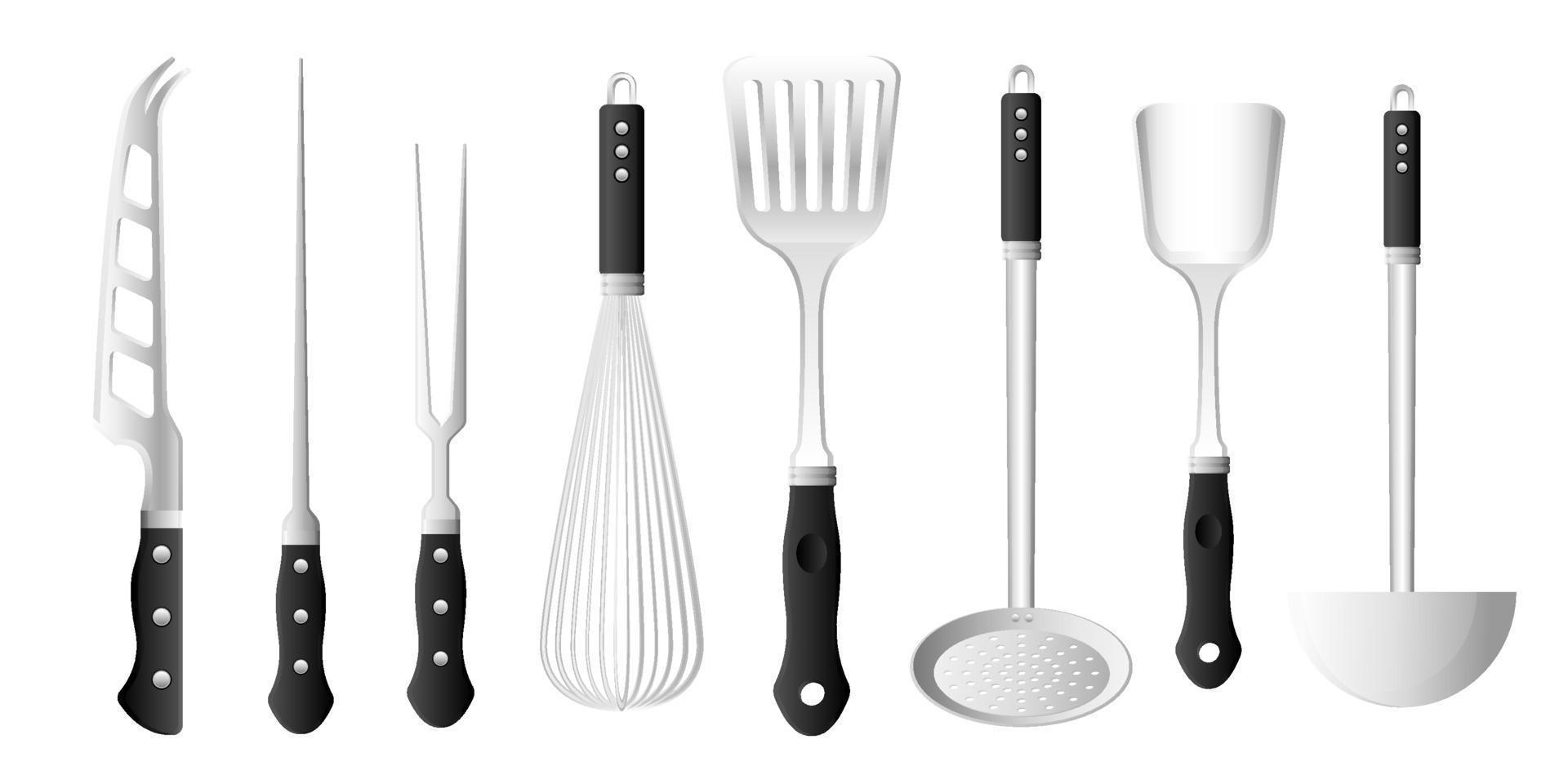 samling uppsättning av köksutrustning redskap kniv filtrera sked gaffel ägg visp steka pinne spatel vektor