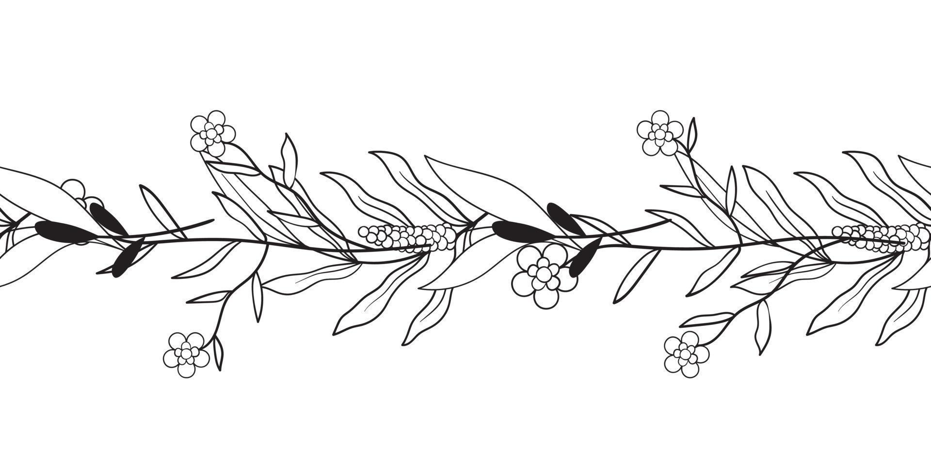 vintage rustikale nahtlose mustergrenze mit blumenmotiv. Blumen Schwarz-Weiß-Zeilendarstellung. Lavendelblüten und Blätter vektor