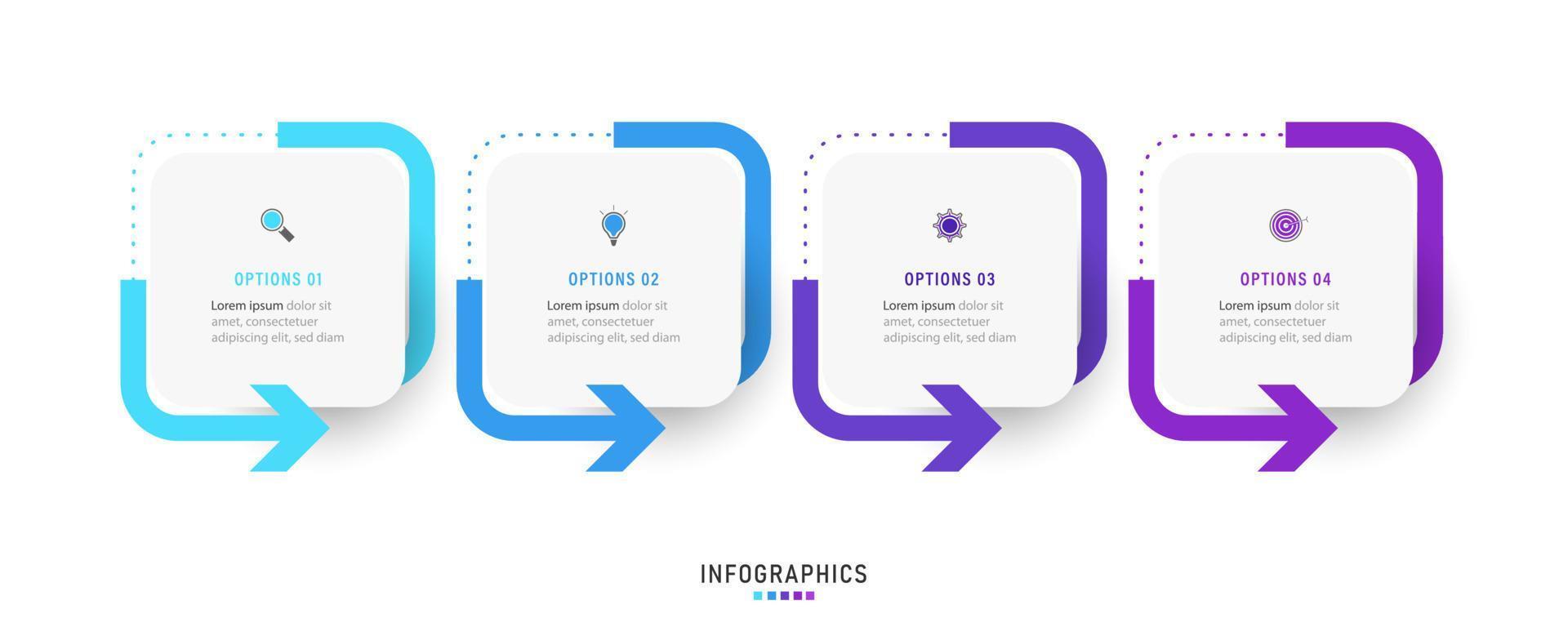 Vektor-Infografik-Etikettendesign-Vorlage mit Symbolen und 4 Optionen oder Schritten. kann für Prozessdiagramme, Präsentationen, Workflow-Layouts, Banner, Flussdiagramme und Infografiken verwendet werden. vektor