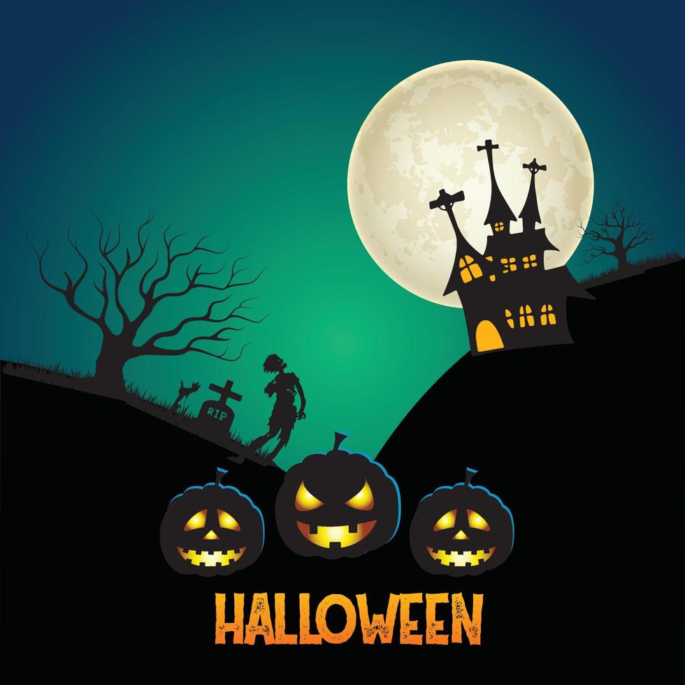 Happy Halloween-Hintergrund mit Kürbis Spukhaus und Vollmond-Vektor-Illustration vektor