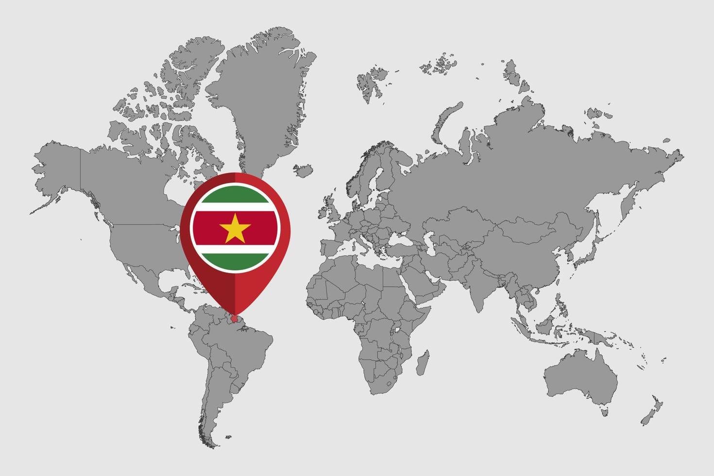 nålkarta med surinamflaggan på världskartan. vektor illustration.