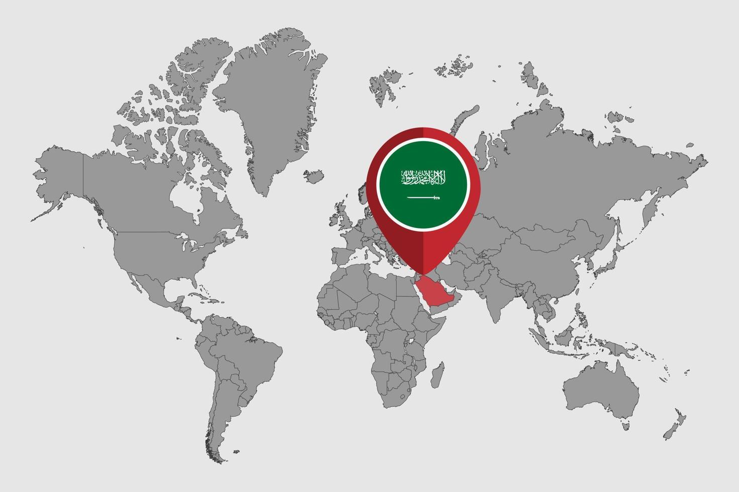 nålkarta med Saudiarabiens flagga på världskartan. vektor illustration.