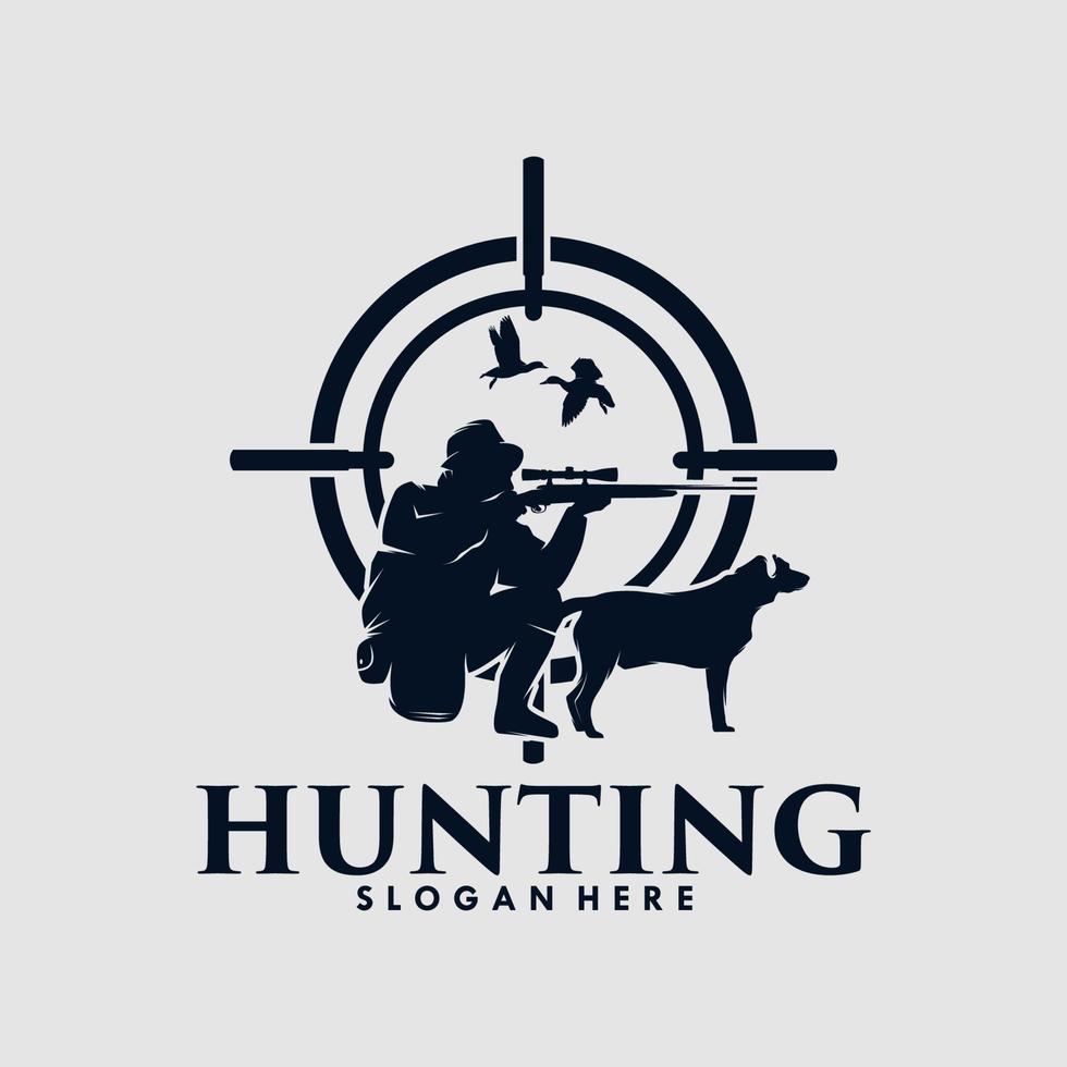 jakt prickskytt gevär och hund jaga logotyp design vektor