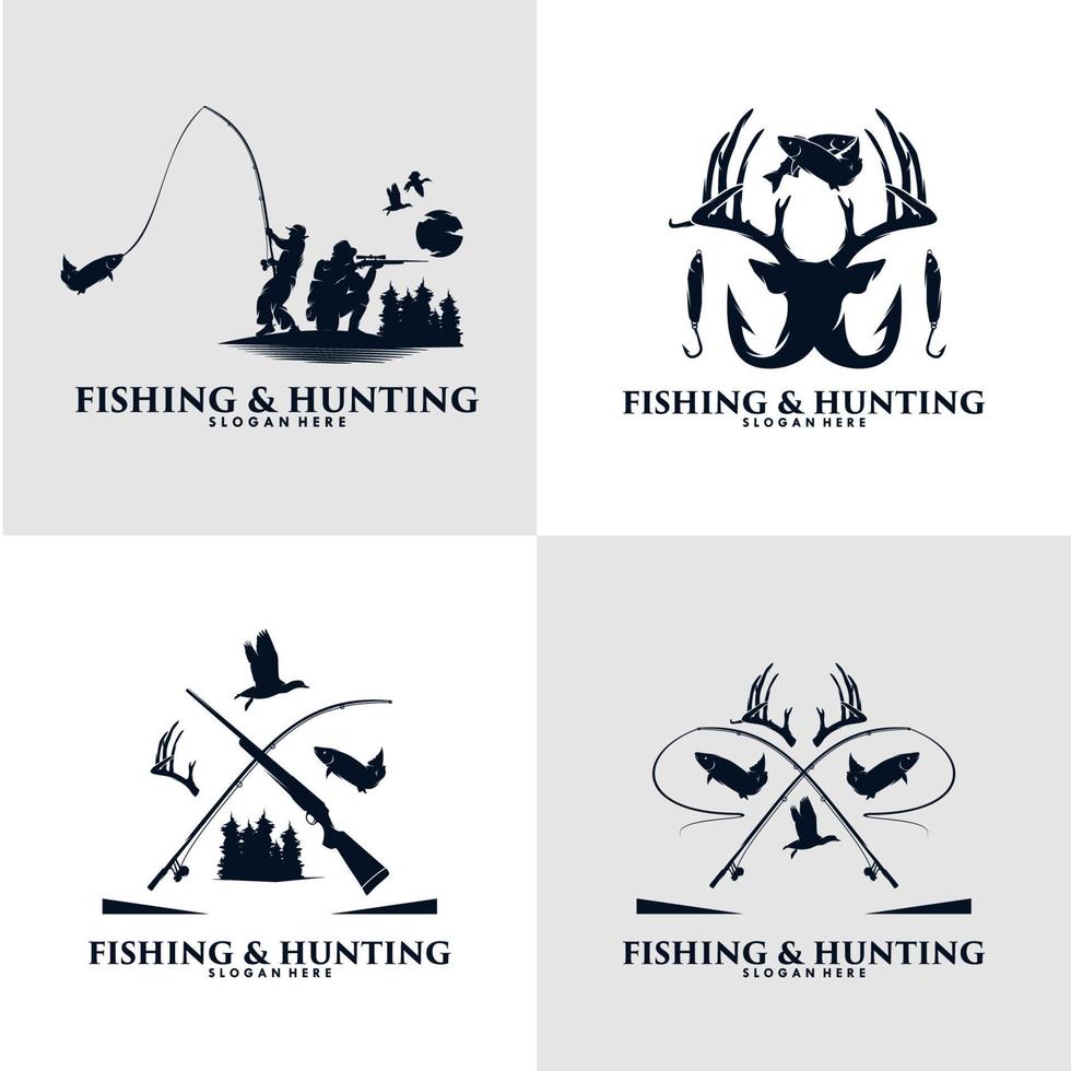 uppsättning av jakt och fiske logotyp design vektor