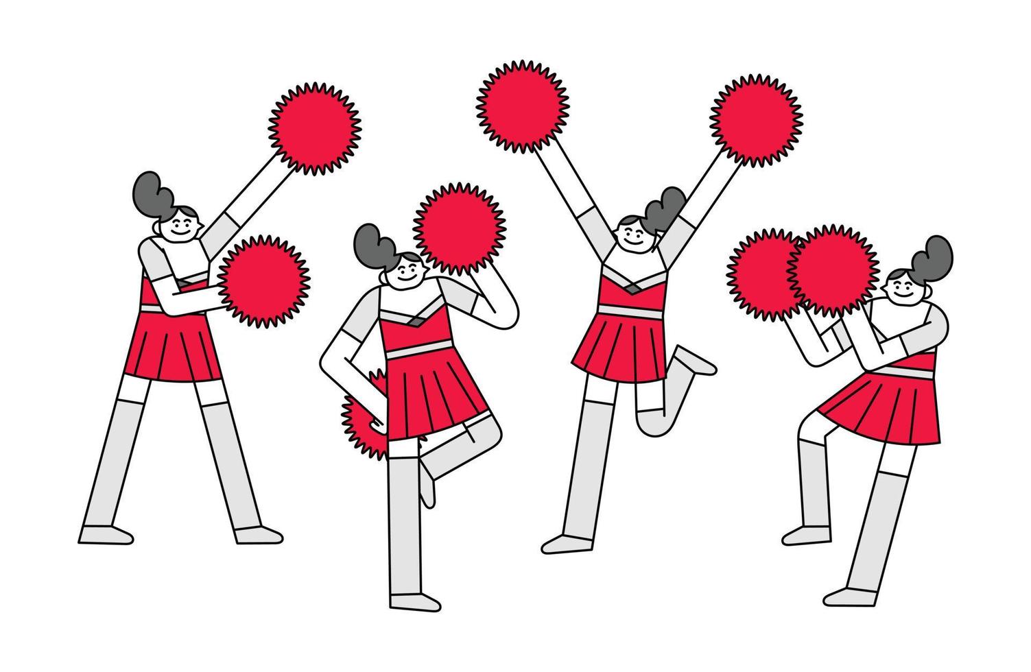 satz weiblicher cheerleader stehende haltung handgezeichnete charakterillustration vektor