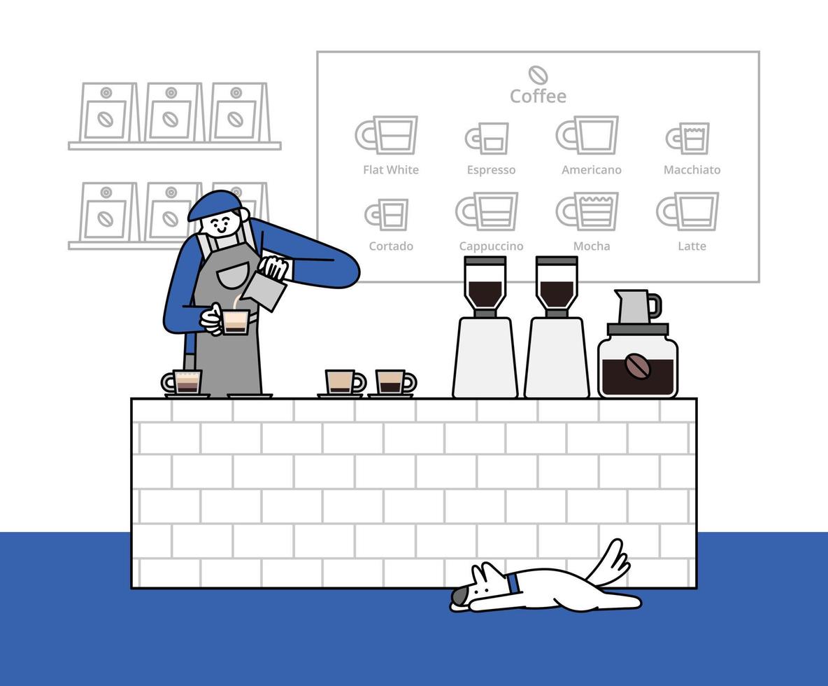 Barista på de kaffe disken hand dragen karaktär illustration vektor