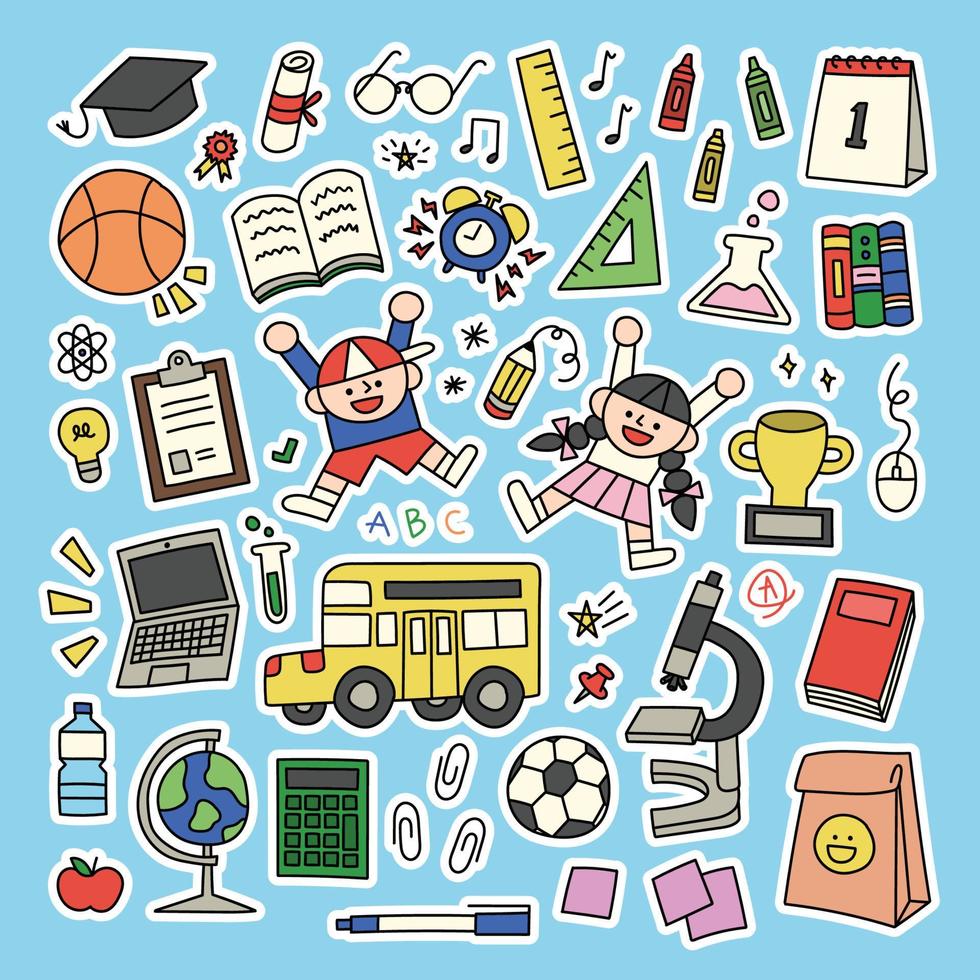 niedliches handgezeichnetes Doodle-Sticker-Set zum Thema Schule vektor