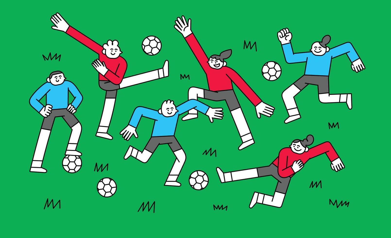 barn spelar fotboll hand dragen karaktär illustration vektor