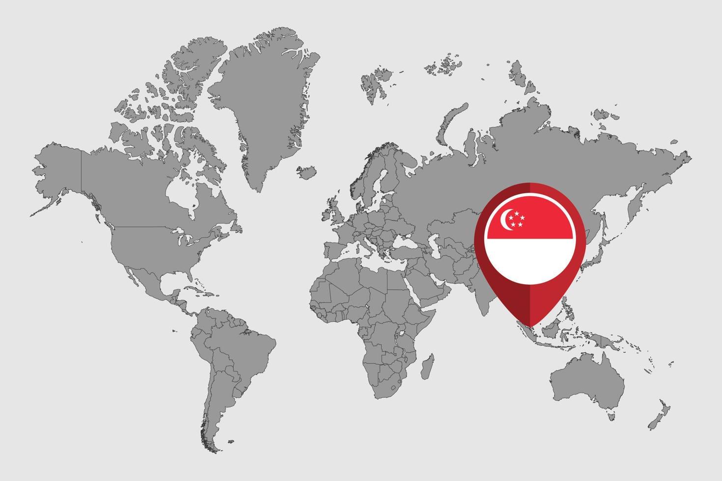 nålkarta med singapores flagga på världskartan. vektor illustration.