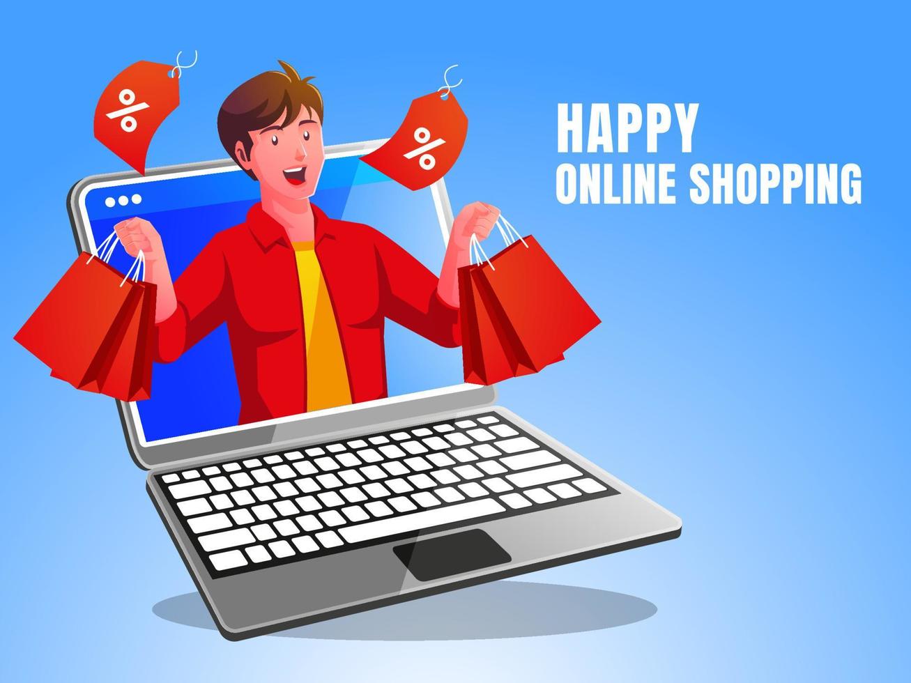 Ein glücklicher Einkaufsmann mit einem Laptop vektor