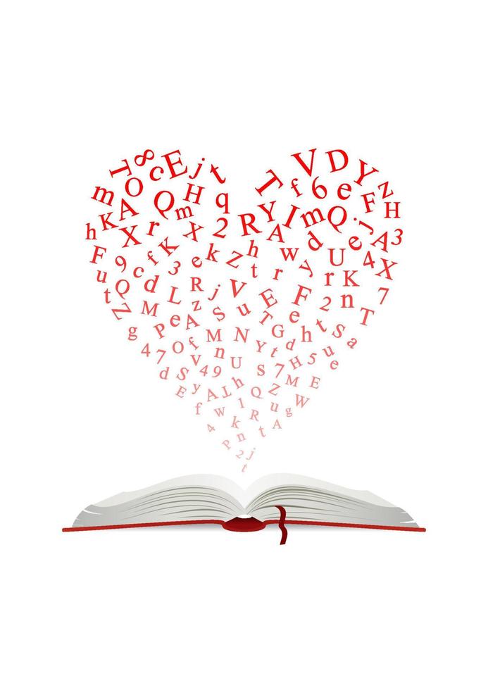 öppen bok med hjärta av brev vektor