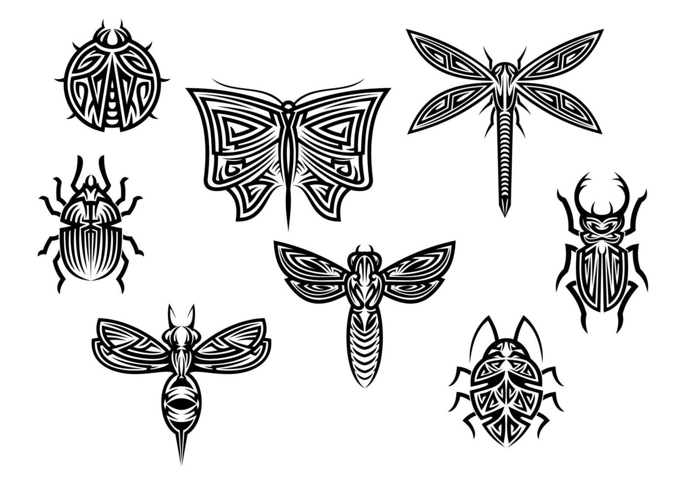 tribal tattoos mit ornamentalen elementen von insekten vektor