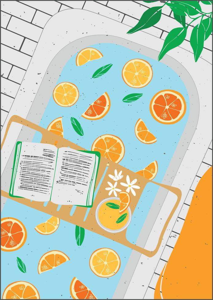 Bad mit Orangen und Zitrusfrüchten. Lesen Sie ein Buch im Badezimmer. skandinavisches Interieur. eine Reihe von Plakaten. dekoriertes Bad für einen angenehmen Abend. Körperpflege. Home Spa für Lifestyle-Design. vektor
