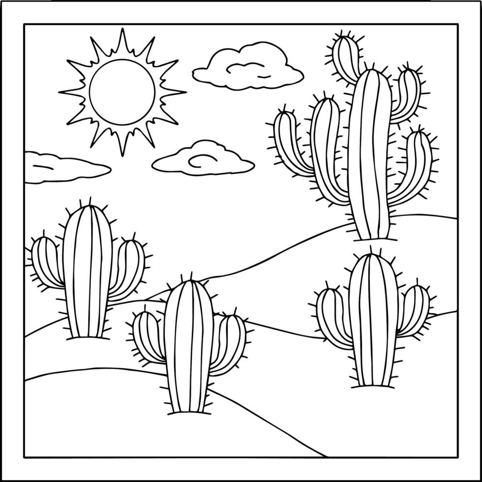 skriva ut design öken- kaktus landskap färg sida för unge vektor