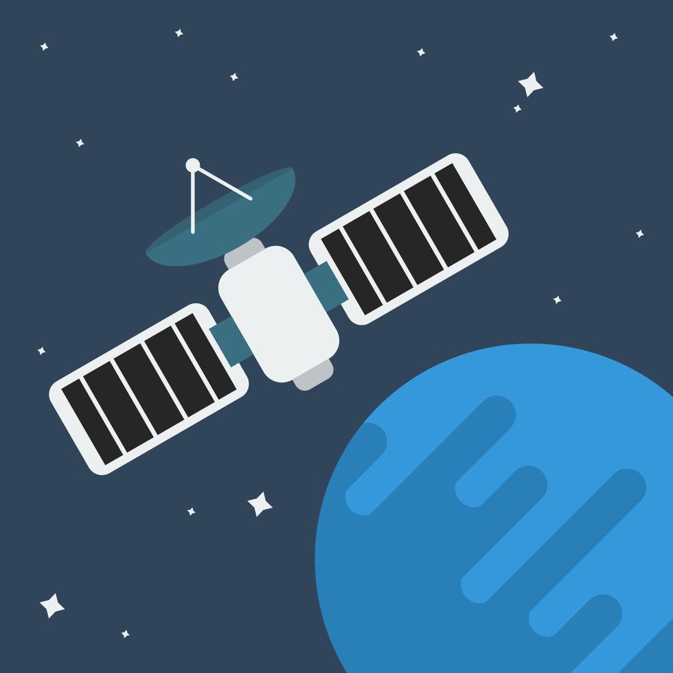 editierbarer satellit im cartoon-stil mit blauem planeten und sternen auf weltraumvektorillustration für astronomie- oder kinderkunstbezogene zwecke vektor